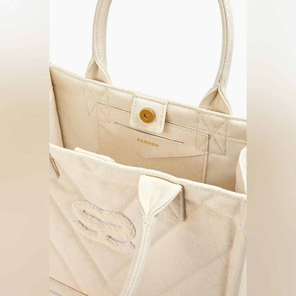 NWT Sandro Kasbah Quilted Canvas Tote In Ecru